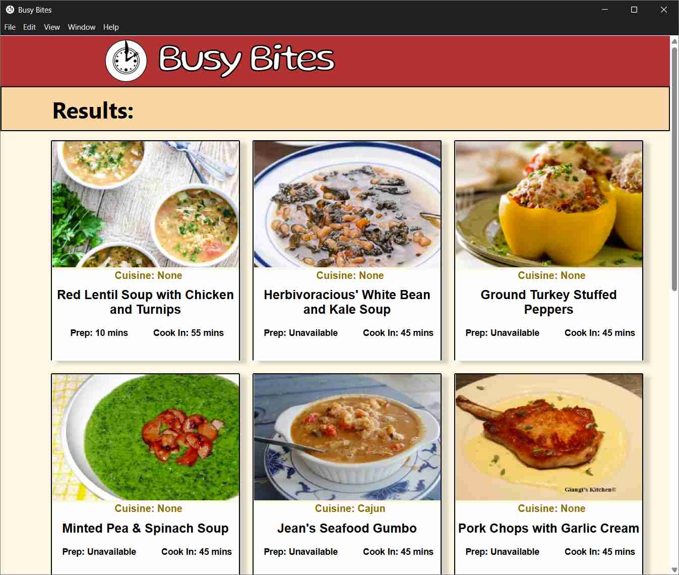 Recipe search results showing six dishes that include soups, stuffed peppers, seafood gumbo, and pork chops with garlic cream.