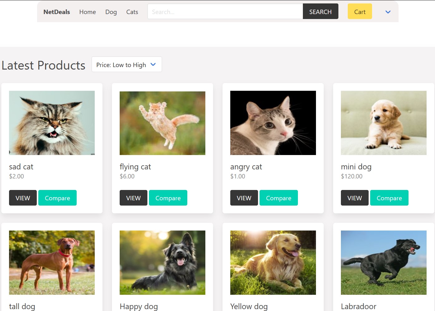 White dashboard of an e-commerce store filled with dogs and cats.