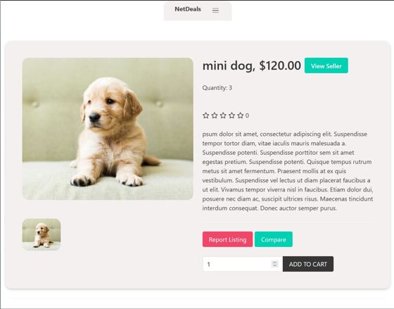 A dog listing that displays price, quantity, rating, and listing description.