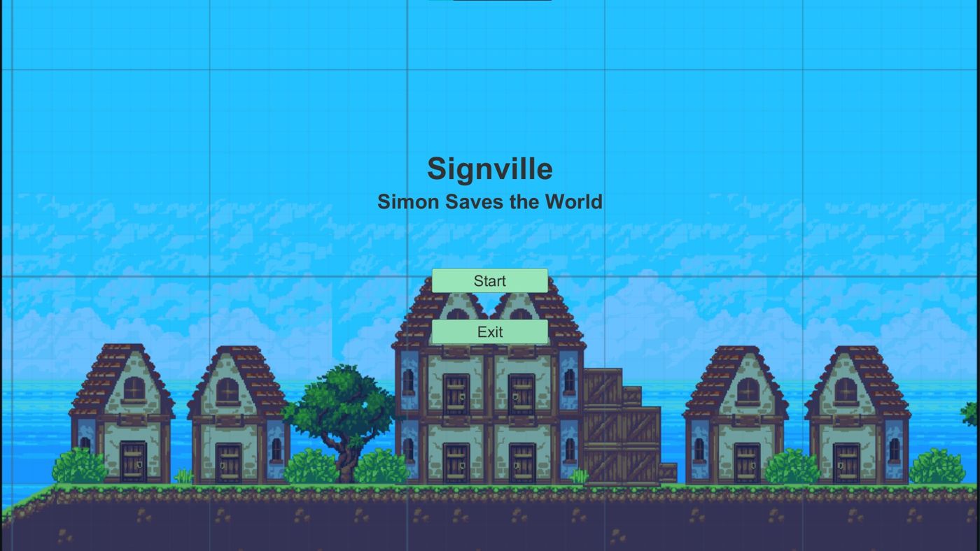 A blue video game title screen of a village.